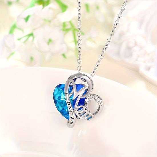 Sjika - Moeder Ketting Dames – I Love You Mom Hart Ketting met Blauwe Kristal Steen – Cadeau voor Moeder – Zilverkleurig - Cadeau voor haar