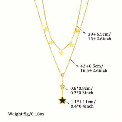 Sjika - Gold plated ketting met sterren – Luxe damesketting met kristal – Dubbele laag & trendy design – Hypoallergeen