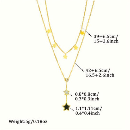 Sjika - Gold plated ketting met sterren – Luxe damesketting met kristal – Dubbele laag & trendy design – Hypoallergeen