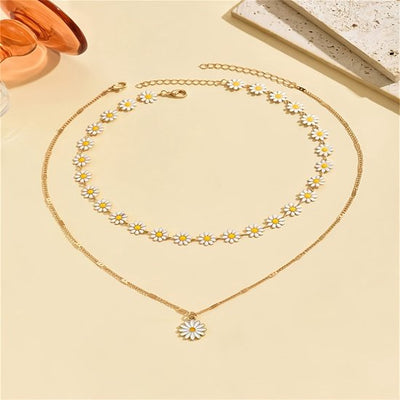 Sjika - Dames Ketting Set met Madeliefjes – 2 Delige Choker & Halsketting – Bloemen Ketting Goudkleurig – Trendy Zomer Sieraden - Cadeau voor haar