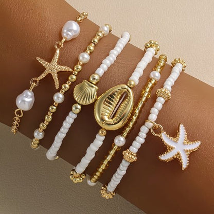 Sjika - Armbanden Set – 6 stuks – Schelp, Zeester & Parels – Boho Sieraden voor Dames