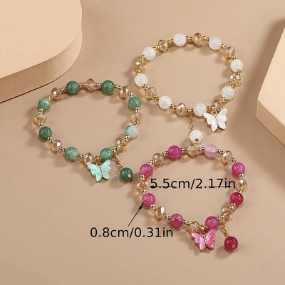 Sjika - Dames Armbandenset – 3 Delige Kralen Armbanden met Vlinders – Boho Armband Set – Elastisch – Trendy Sieraden - Cadeau voor haar