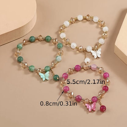 Sjika - Dames Armbandenset – 3 Delige Kralen Armbanden met Vlinders – Boho Armband Set – Elastisch – Trendy Sieraden - Cadeau voor haar