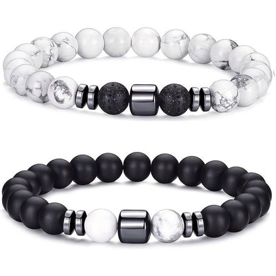 Sjika - Set van 4 natuursteen armbanden – Lava, Tijgeroog, Howliet & Onyx – Heren en dames – Elastisch – Luxe kralenarmbanden – Perfect cadeau voor hem