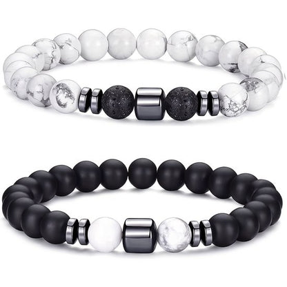 Sjika - Set van 4 natuursteen armbanden – Lava, Tijgeroog, Howliet & Onyx – Heren en dames – Elastisch – Luxe kralenarmbanden – Perfect cadeau voor hem