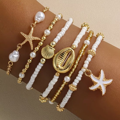 Sjika - Armbanden Set – 6 stuks – Schelp, Zeester & Parels – Boho Sieraden voor Dames