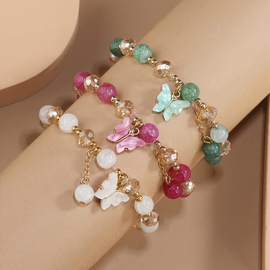 Sjika - Dames Armbandenset – 3 Delige Kralen Armbanden met Vlinders – Boho Armband Set – Elastisch – Trendy Sieraden - Cadeau voor haar