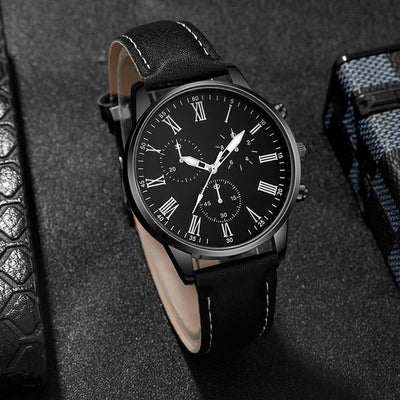 Sjika - Heren Horloge & Armbanden Set – Zwart – Leren Band – Mode Accessoire Set – Trendy & Klassiek – Cadeau voor Mannen