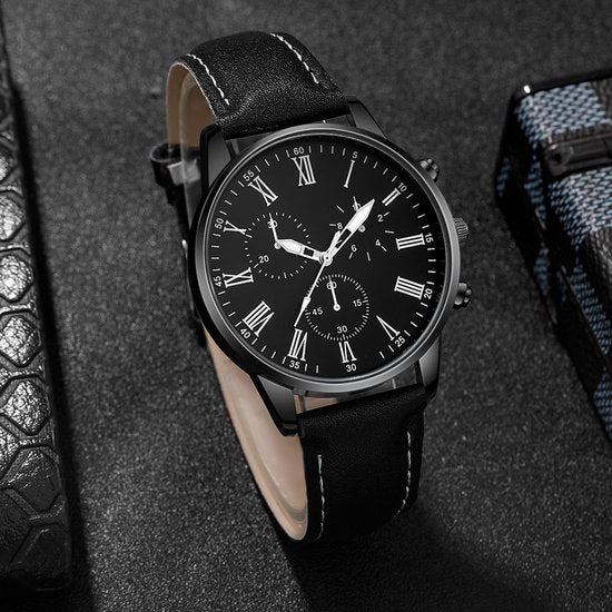 Sjika - Heren Horloge & Armbanden Set – Zwart – Leren Band – Mode Accessoire Set – Trendy & Klassiek – Cadeau voor Mannen
