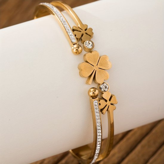 Sjika - Gold Plated Armband Dames – Klavertje Vier – Zirkonia – Geluksarmband – Luxe Cadeau