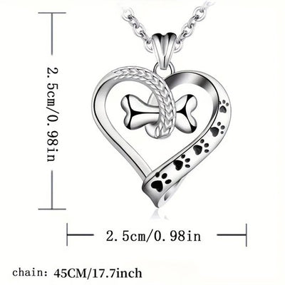 Sjika - Honden Ketting Dames – Hart Ketting met Pootjes & Bot – Zilveren Huisdier Ketting – Cadeau voor Hondenliefhebber - Cadeau voor haar