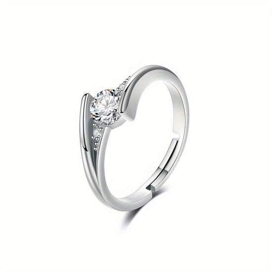 Sjika - Verstelbare Dames Ring Zilverkleurig – Zirkonia – Verlovingsring – Minimalistische Ring – Open Ring - Cadeau