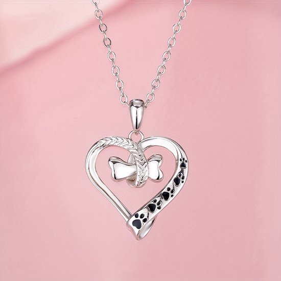Sjika - Honden Ketting Dames – Hart Ketting met Pootjes & Bot – Zilveren Huisdier Ketting – Cadeau voor Hondenliefhebber - Cadeau voor haar