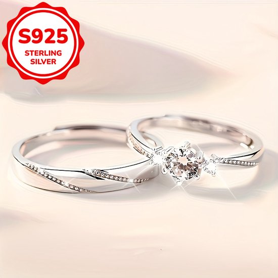 Sjika - S925 Sterling Silver Plated Unisex Koppelring Set – Trouwringen / Verlovingsringen / Vriendschapsringen - One Size – 2-Delige Ringenset met Zirkonia - Cadeau
