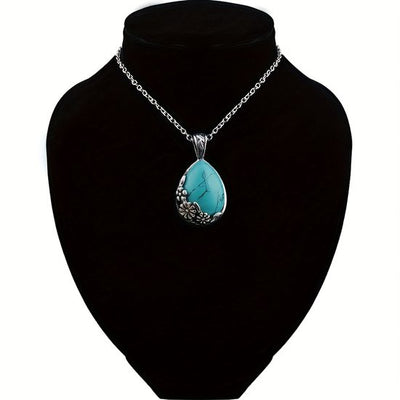 Sjika - Zilveren Ketting Dames met Turquoise Hanger – Druppelvorm Natuursteen Look – Boho Ketting – Sieraad Cadeau