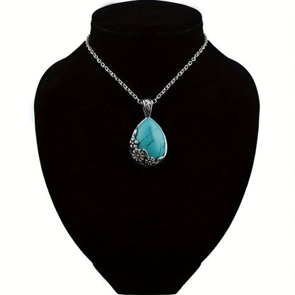 Sjika - Zilveren Ketting Dames met Turquoise Hanger – Druppelvorm Natuursteen Look – Boho Ketting – Sieraad Cadeau