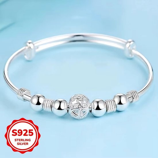 Sjika - S925 Zilveren Armband Dames – Sterling Silver Bangle met Bedels – Verstelbare Armband – Pandora Style - Cadeau voor haar