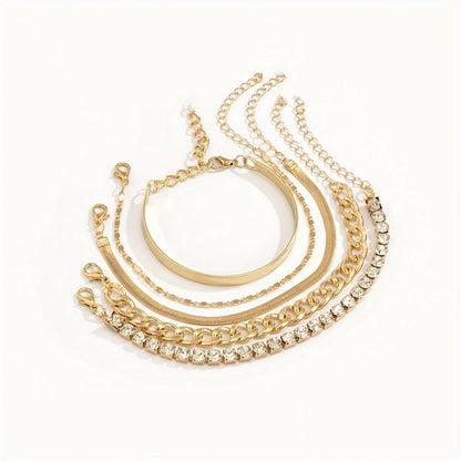 Sjika - Gold plated armbanden set – Luxe damesarmbanden met kristallen & schakels – 5-delige sieradenset – Elegant & trendy design