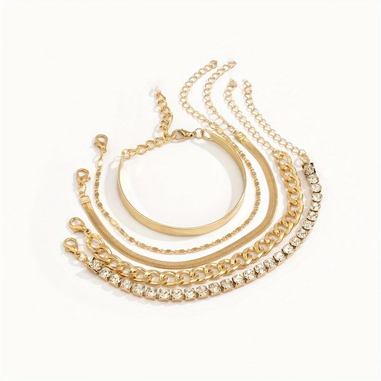 Sjika - Gold plated armbanden set – Luxe damesarmbanden met kristallen & schakels – 5-delige sieradenset – Elegant & trendy design