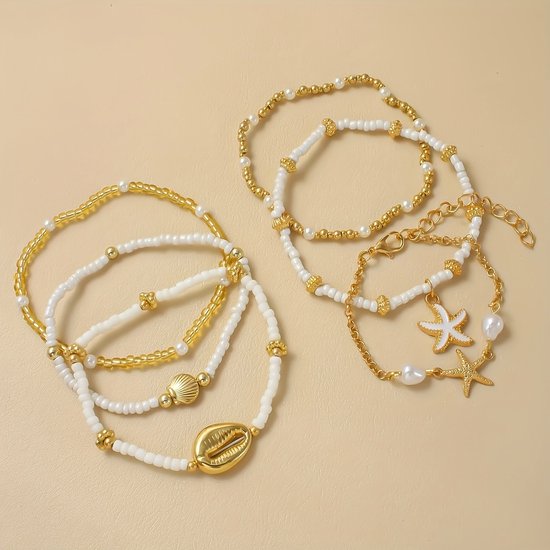 Sjika - Armbanden Set – 6 stuks – Schelp, Zeester & Parels – Boho Sieraden voor Dames