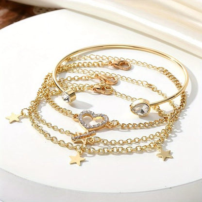 Sjika - Gouden Armbandenset Dames – 5 Delige Set met Hartje, Sterren & Zirkonia – Luxe Layered Armbanden – Verstelbaar - Cadeau voor haar