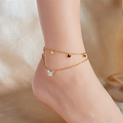 Sjika - Trendy Enkelbandje Dames – 18K Gold Plated Dubbele Enkelketting met Vlinderbedel - Cadeau