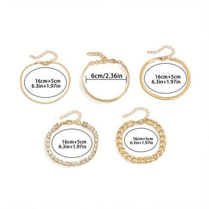 Sjika - Gold plated armbanden set – Luxe damesarmbanden met kristallen & schakels – 5-delige sieradenset – Elegant & trendy design
