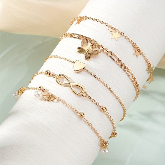Sjika - Gouden Enkelbandjes Set Dames – 18K Gold Plated – Trendy Boho Style – Met Bedels & Parel Hangers – 5-delige Sieradenset