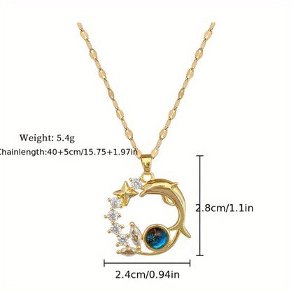 Sjika - Gold Plated Dolfijn Ketting – Goudkleurig – Zirkonia & Blauw Kristal – Dames - Cadeau