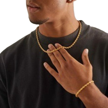 Sjika - 18K Gold Plated Rope Chain Set – Goudkleurige heren ketting & armband – Gedraaide touwschakel – Stijlvol & duurzaam – Perfect cadeau voor hem