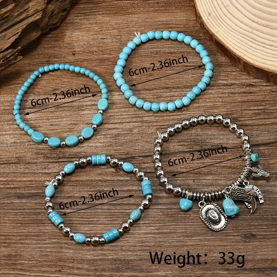Sjika - Boho Armbandenset Dames – 4 Delige Armbanden met Turquoise Kralen & Bedels – Stretch Armband Set – Bohemian Sieraden - Voor Haar