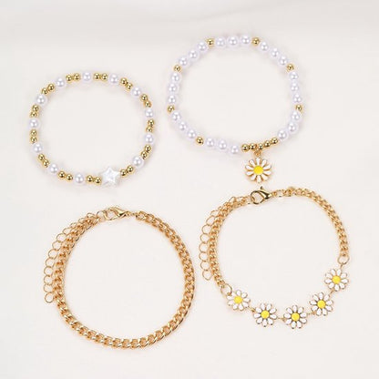 Sjika - Gouden Armbandenset Dames – 4 Delige Armbanden met Madeliefjes & Parels – Trendy Layered Sieraden – Verstelbaar - Cadeau voor haar