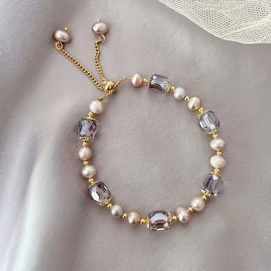 Sjika - Elegante Dames Armband met Parel & Facet Kralen – Luxe Verstelbaar Goud Design - Cadeau voor haar