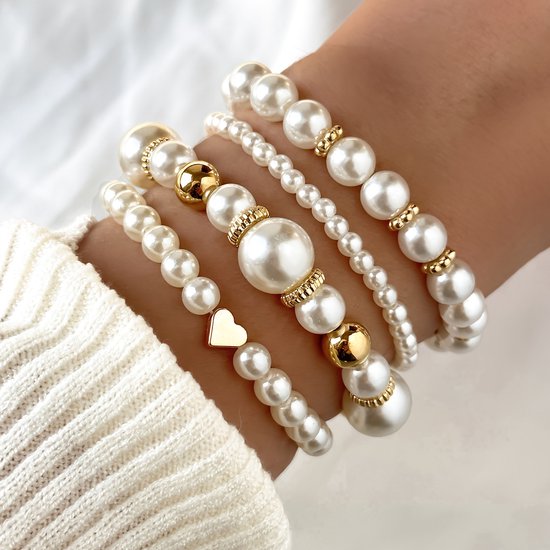 Sjika - Elegante Armbanden Set | Gold Plated | Parel Design | Cadeau voor Haar