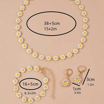 Sjika - Sieradenset Dames Bloemen – Ketting, Armband & Oorbellen – Madeliefjes Set – Zomers Sieraad – Cadeau voor haar