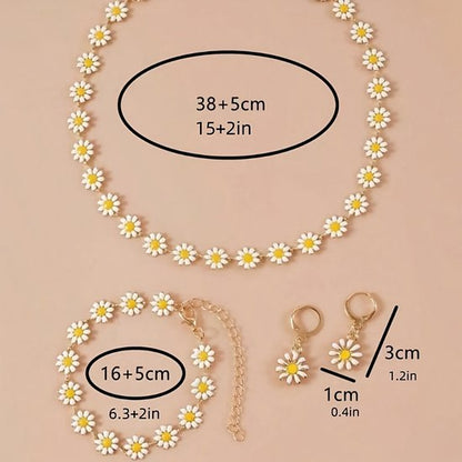 Sjika - Sieradenset Dames Bloemen – Ketting, Armband & Oorbellen – Madeliefjes Set – Zomers Sieraad – Cadeau voor haar
