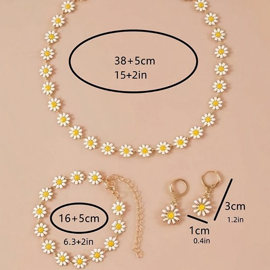 Sjika - Sieradenset Dames Bloemen – Ketting, Armband & Oorbellen – Madeliefjes Set – Zomers Sieraad – Cadeau voor haar