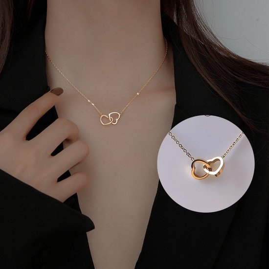 Sjika - Gouden Hartjes Ketting Dames – Dubbel Hart Hanger – Minimalistische Ketting – Gold Plated – Cadeau voor Haar