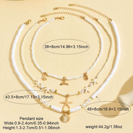 Sjika - Bohemian Schelpen Sieraden Set Dames – Strand Ketting & Armband Set – Zeester, Parels en Schelpjes – Zomer Sieraden Wit/Goud - Cadeau voor haar