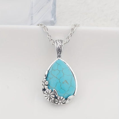 Sjika - Zilveren Ketting Dames met Turquoise Hanger – Druppelvorm Natuursteen Look – Boho Ketting – Sieraad Cadeau