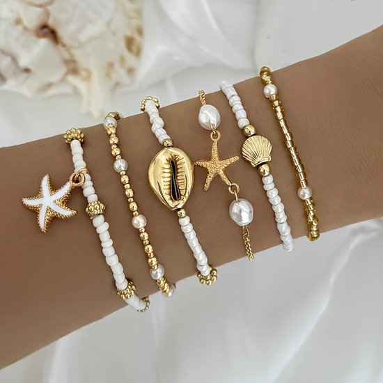 Sjika - Armbanden Set – 6 stuks – Schelp, Zeester & Parels – Boho Sieraden voor Dames