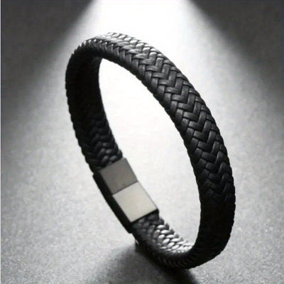 Sjika - Leren Armband Heren Zwart – Gevlochten Heren Armband met Magnetische Sluiting – Stoere Minimalistische Mannen Armband - Cadeau voor hem