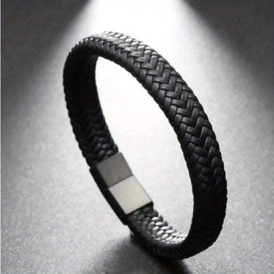 Sjika - Leren Armband Heren Zwart – Gevlochten Heren Armband met Magnetische Sluiting – Stoere Minimalistische Mannen Armband - Cadeau voor hem