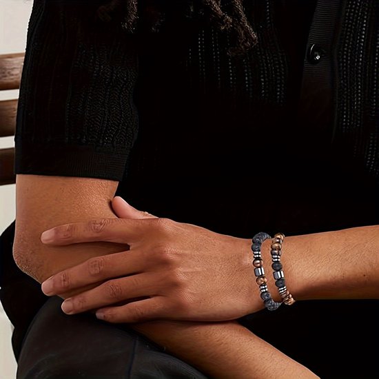 Sjika - Set van 4 natuursteen armbanden – Lava, Tijgeroog, Howliet & Onyx – Heren en dames – Elastisch – Luxe kralenarmbanden – Perfect cadeau voor hem