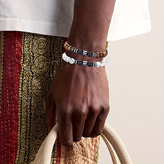 Sjika - Set van 4 natuursteen armbanden – Lava, Tijgeroog, Howliet & Onyx – Heren en dames – Elastisch – Luxe kralenarmbanden – Perfect cadeau voor hem