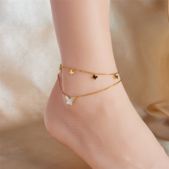 Sjika - Trendy Enkelbandje Dames – 18K Gold Plated Dubbele Enkelketting met Vlinderbedel - Cadeau