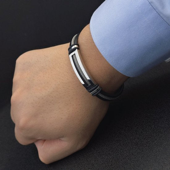 Sjika - Zilverkleurige Heren Armband – Leer & Stainless Steel – Sportief, Casual & Zakelijk – Cadeau voor hem