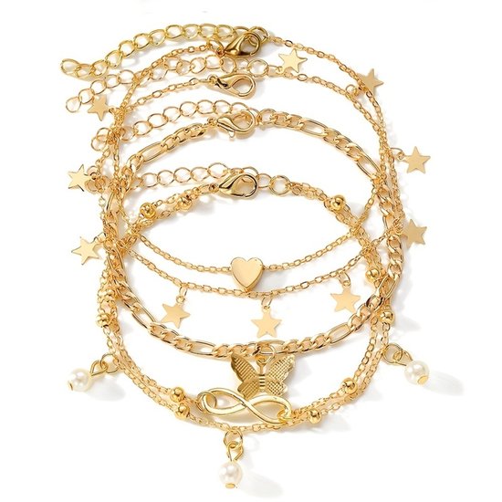 Sjika - Gouden Enkelbandjes Set Dames – 18K Gold Plated – Trendy Boho Style – Met Bedels & Parel Hangers – 5-delige Sieradenset