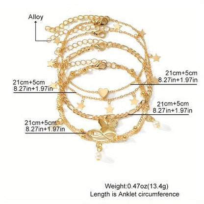 Sjika - Gouden Enkelbandjes Set Dames – 18K Gold Plated – Trendy Boho Style – Met Bedels & Parel Hangers – 5-delige Sieradenset