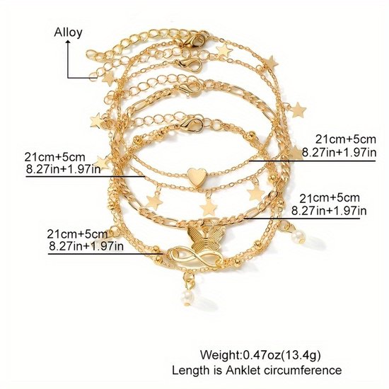 Sjika - Gouden Enkelbandjes Set Dames – 18K Gold Plated – Trendy Boho Style – Met Bedels & Parel Hangers – 5-delige Sieradenset